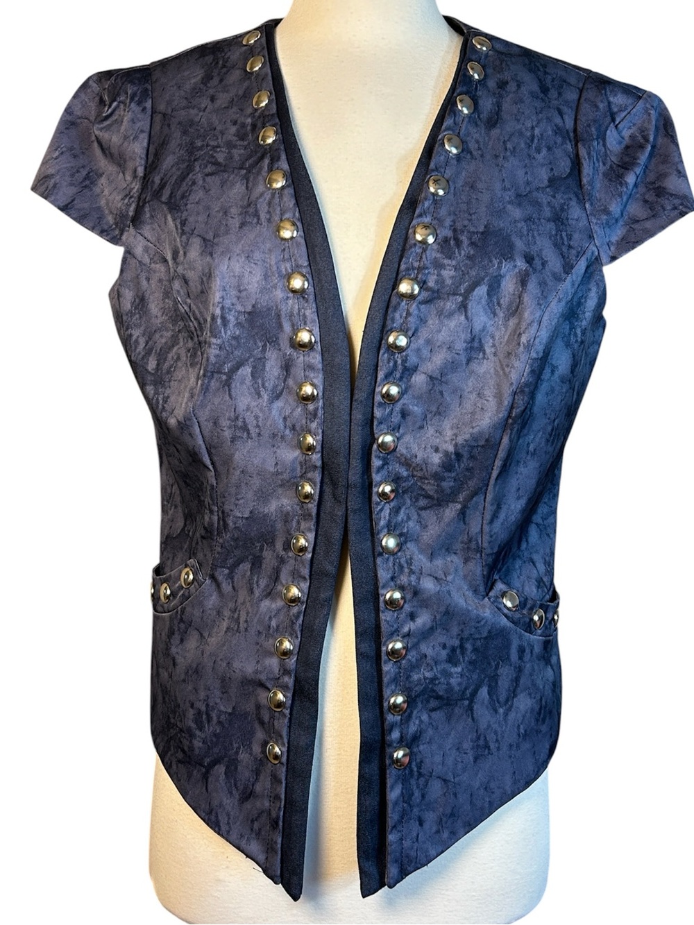 Alberto Makali Vintage Blue Tie Dye Short Cap Sleeve Studded Vest Jacket size 14